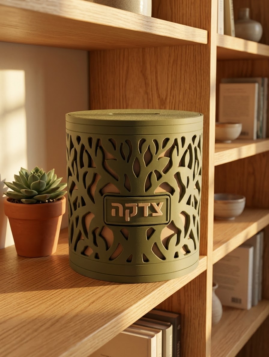 Tree of Life tzedakah box on a wooden bookshelf beside a small succulent