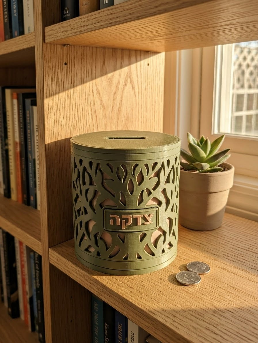 Tree of Life tzedakah box on a sunny shelf by a window